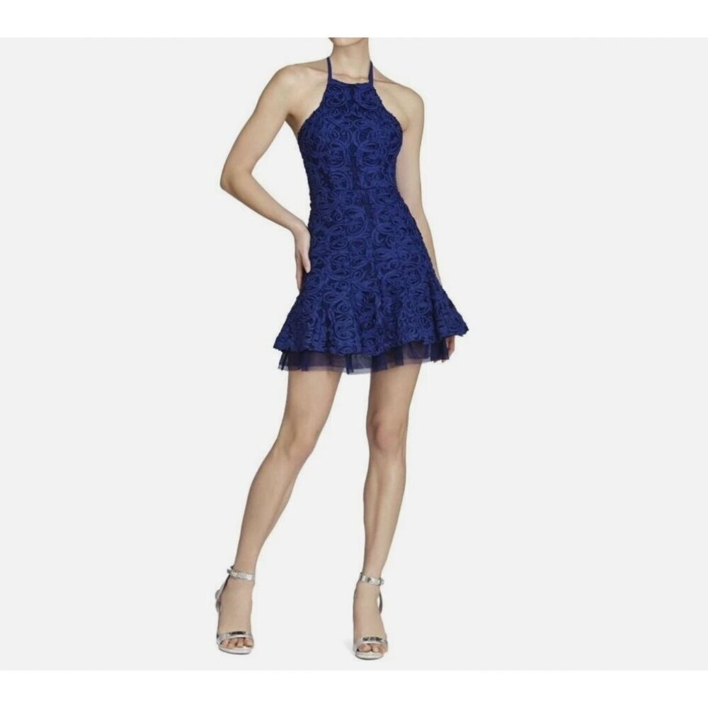 BCBGMAXAZRIA Navy Blue Floral Rosette Halter Neck Sleeveless Party Dress Size 0